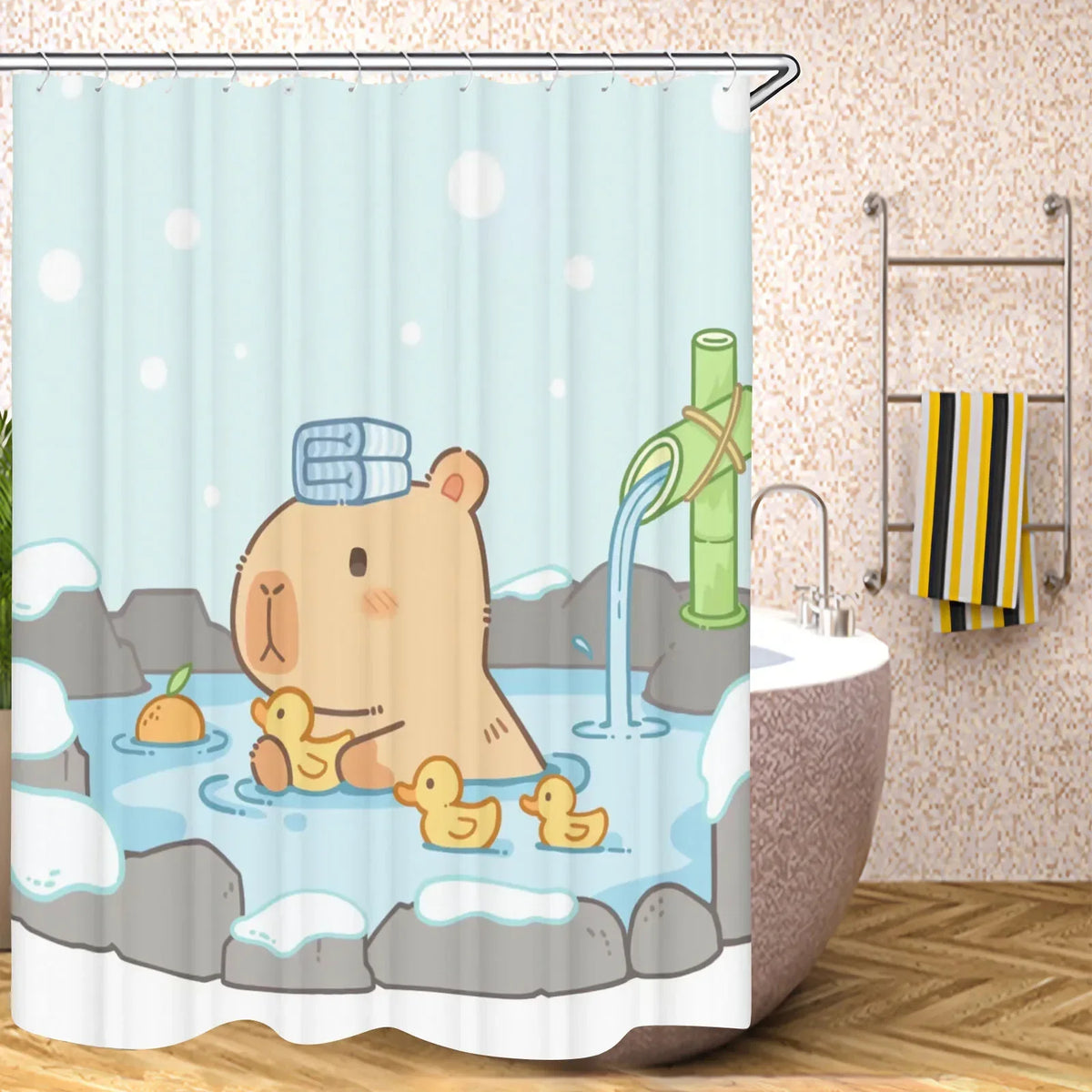 Cute Capybara Shower Curtain, Funny Cartoon Waterproof Bathroom Curtain with Plastic Hooks, 100% Polyester Mildew-Resistant Curtain for Modern Bathroom Decor
