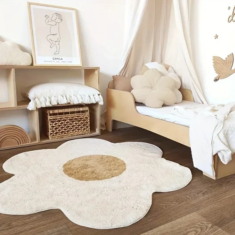Floral Irregular Area Rug, Cute Modern Geometric Polyester Carpet with Vinyl Backing, Soft Decorative Floor Mat for Bedroom, Living Room, Study & Reading Area