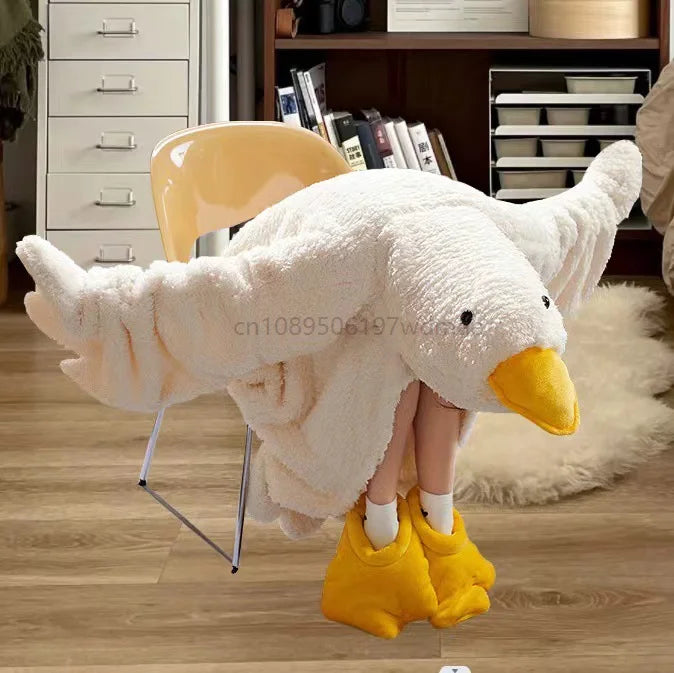 Cartoon Goose Cosplay Costume Thicken Coral Fleece Hooded Robe Pajama Funny Cos Couple Cute Sleepwear Home Nightgown