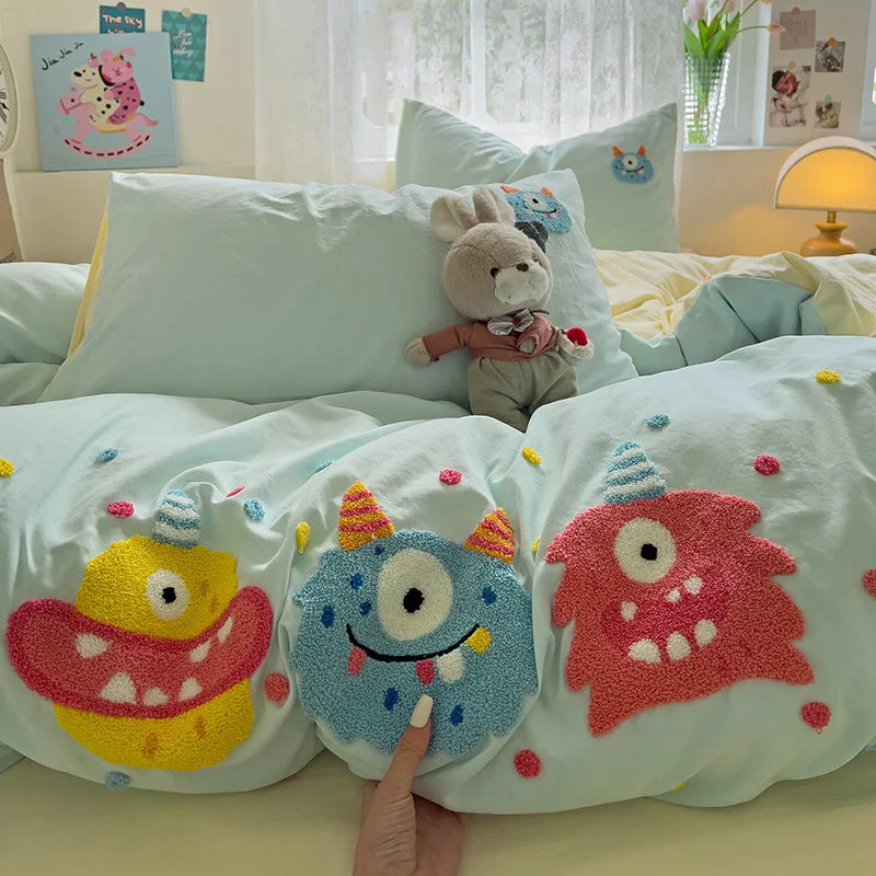 Cute Cartoon Animal Embroidery Bedding Set – 4-Piece Washed Polyester Jacquard Duvet Cover, Flat or Fitted Sheet & Pillowcases