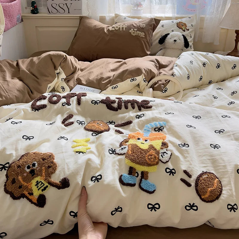 Cute Cartoon Animal Embroidery Bedding Set – 4-Piece Washed Polyester Jacquard Duvet Cover, Flat or Fitted Sheet & Pillowcases