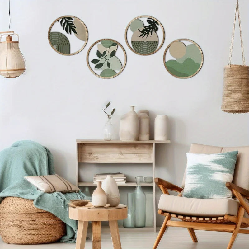 4 Bohemian Wall Art Set - Wooden Bohemian Decor, Geometric Hanging Artwork, Suitable for Baby Room, Farmhouse Aesthetic Minimalist