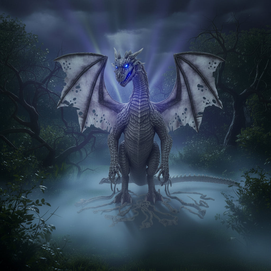 A large fantasy dragon costume or prop with spread gray wings, a scaly gray body, tattered draped fabric, and glowing blue eyes, shown on a plain white background with Chinese text overlay on the left.
