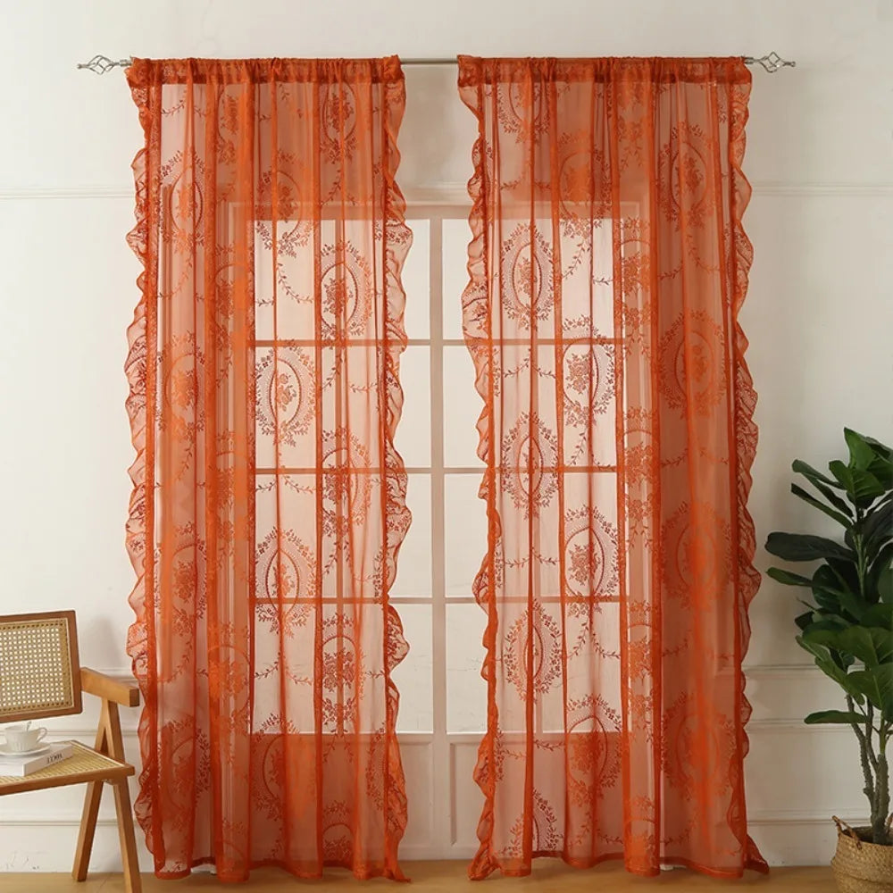 2-Piece French Lace Sheer Curtains, Ruffled Edge Floral Embroidered Polyester Curtains, Rustic Retro European Window Drapes for Bedroom, Living Room & Home Decor