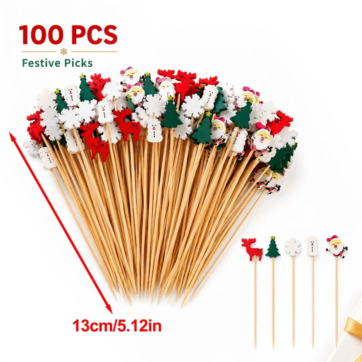 Christmas Wooden Toothpicks 100pcs/Pack, Santa Claus, Snowflake & Reindeer Cocktail Picks, Bamboo Food Picks for Cupcakes, Desserts, Drinks & Holiday Party Table Decor