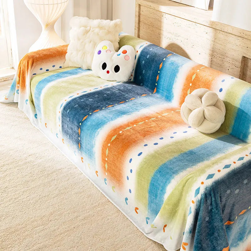 Cute Cartoon Sofa Cover for Fall & Winter, Thickened 100% Polyester Sofa Throw Blanket with Anti-Slip Design, Soft Couch Cover for Loveseat, Recliner, Futon & Modular Sofa