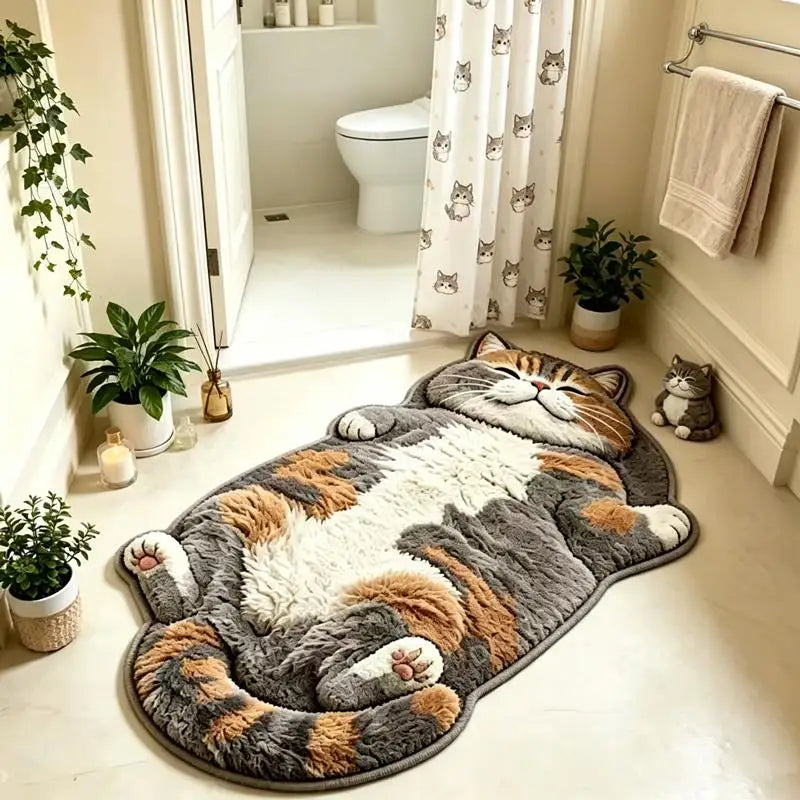 Cat-Shaped Area Rug, Cute Cartoon Crystal Velvet Floor Mat with Suede Backing, Soft Absorbent Decorative Carpet for Bedroom, Living Room, Kids’ Room & Entryway