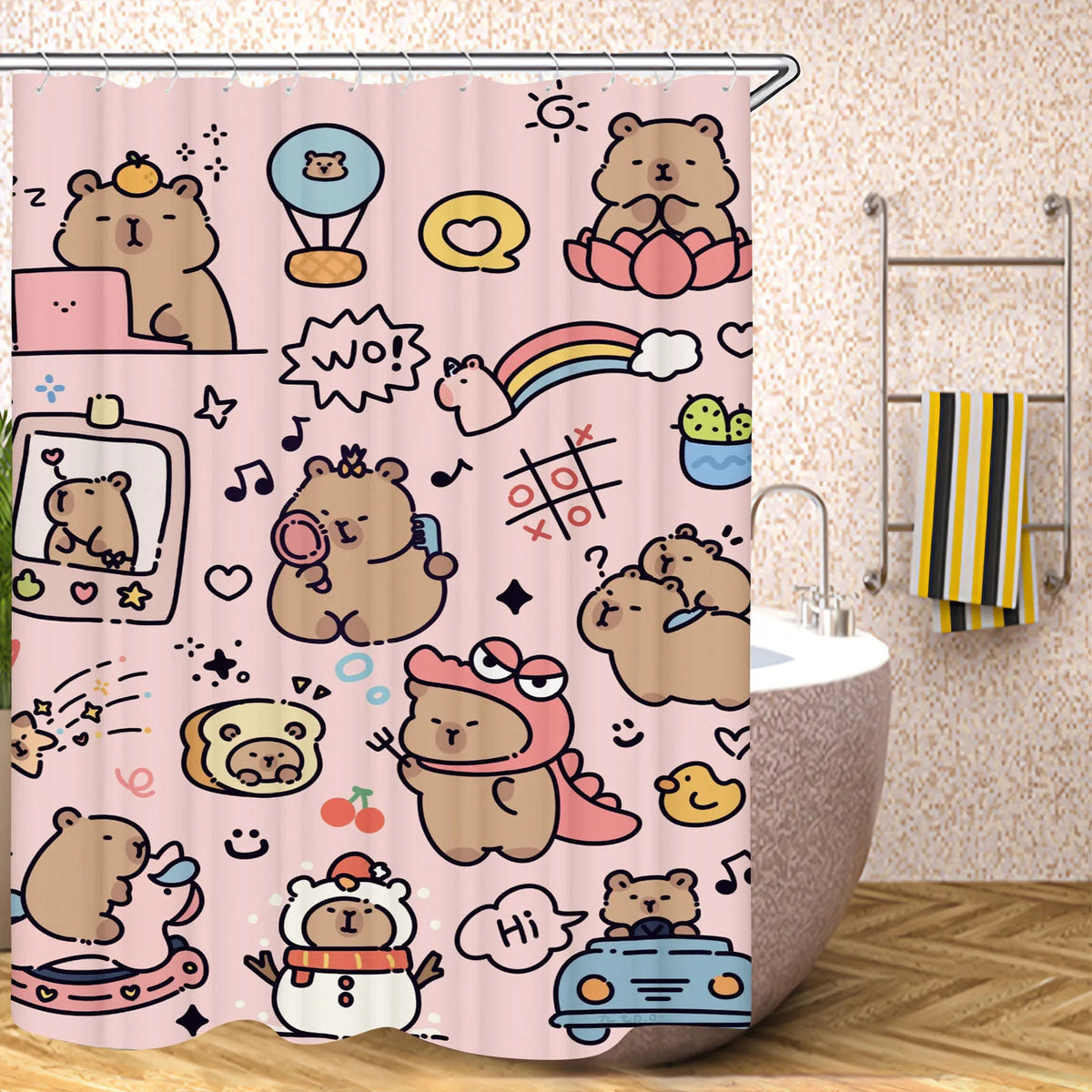 Cute Capybara Shower Curtain, Funny Cartoon Waterproof Bathroom Curtain with Plastic Hooks, 100% Polyester Mildew-Resistant Curtain for Modern Bathroom Decor