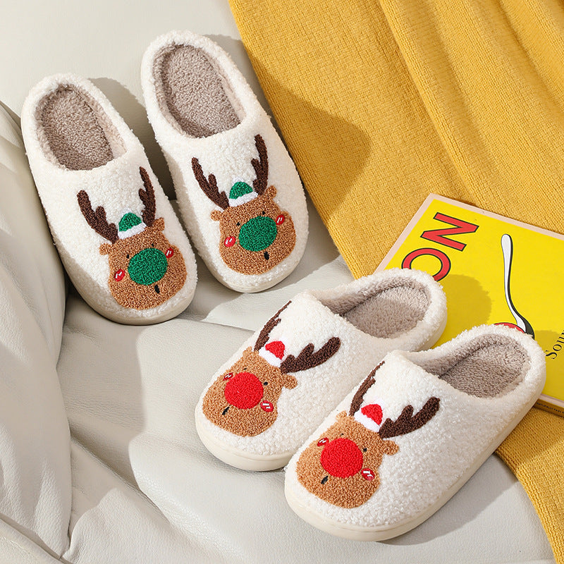 Christmas Elk Winter Slippers – Cozy Plush Unisex House Shoes with Warm Artificial Wool Lining & Anti-Slip Sole