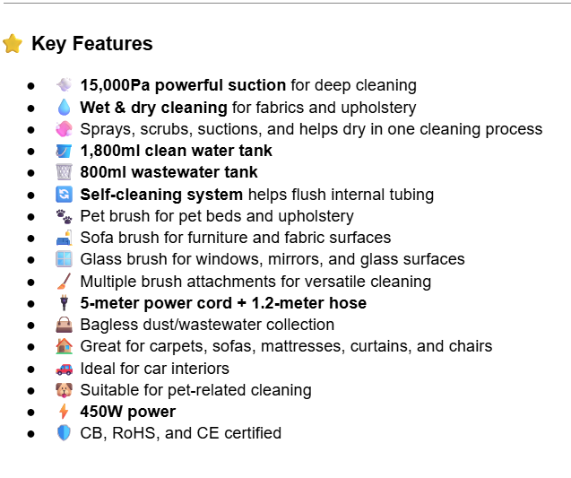 ABIR G80 Handheld Carpet & Upholstery Cleaner – 15,000Pa Wet & Dry Vacuum for Sofa, Carpet, Car & Pet Cleaning