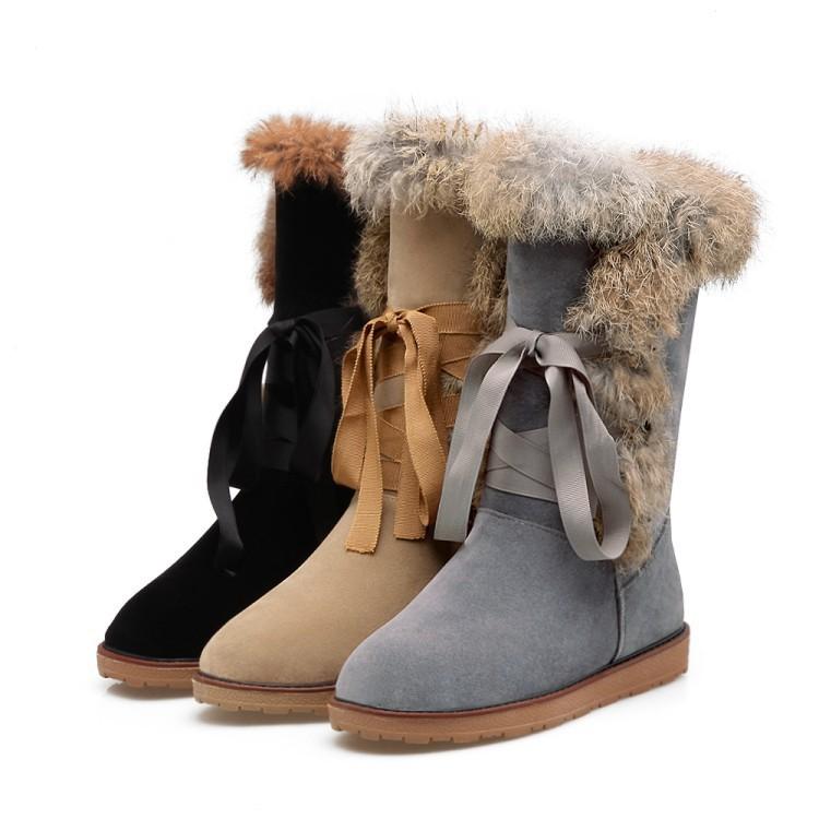 Women's Nubuck Snow Boots – Mid-Calf Lace-Up Winter Boots with Plush Lining, Round Toe & Flat Rubber Sole, Sizes 34–43