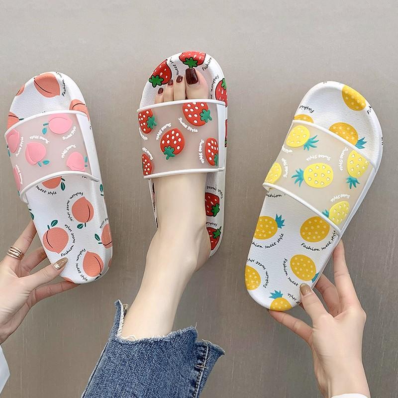 Women’s Cartoon Fruit Summer Slippers – Strawberry, Pineapple & Peach Printed Slides with Soft PU Insole & Rubber Sole
